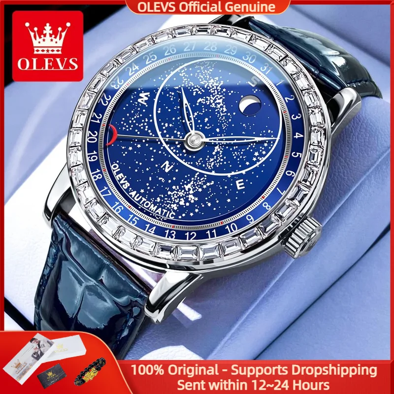 OLEVS 9923 Fashion Luxury Original Men Automatic Mechanical Watch Waterproof Leather Starry Sky Classic Brand Men Formal Watch