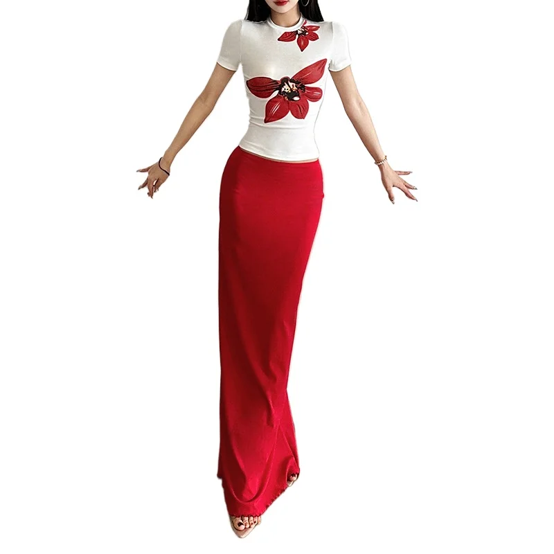 2025  Style Summer New Women's Clothing Solid Color Slim-fitting Round Neck Short-sleeved Fashion High-waisted Skirt Set