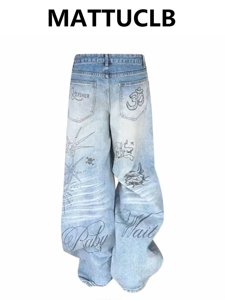 

Осень-зима 2022, женские отбеливающие джинсовые брюки с принтом Y2K, мешковатые джинсы в японском стиле Харадзюку, ковбойские мужские джинсы в стиле кибер-панк для мам, хип-хоп