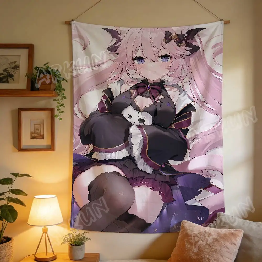 Hot Cute Pink Anime Girl Tapestry, Kawaii Manga Young Lady Illustration Wall Hanging Aesthetic Wall Cloth, Anime Room Decor
