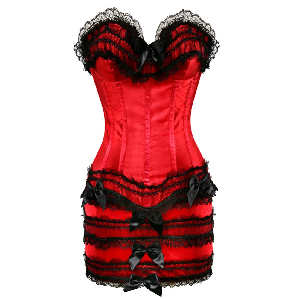 Sexy Vintage Lace Up Overbust corsetto Bustier Dress Gothic Body Shaper Bowknot Bodycon gonna a matita Set Plus Size elegante