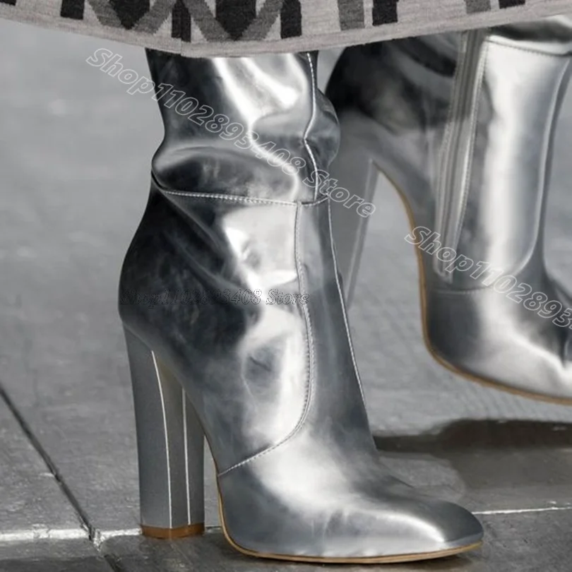 

Silver Square Toe Short Boots Chunky Heels Side Zipper British Style Spring Fashion Party Dress Shoes 2024 Zapatos Para Mujere