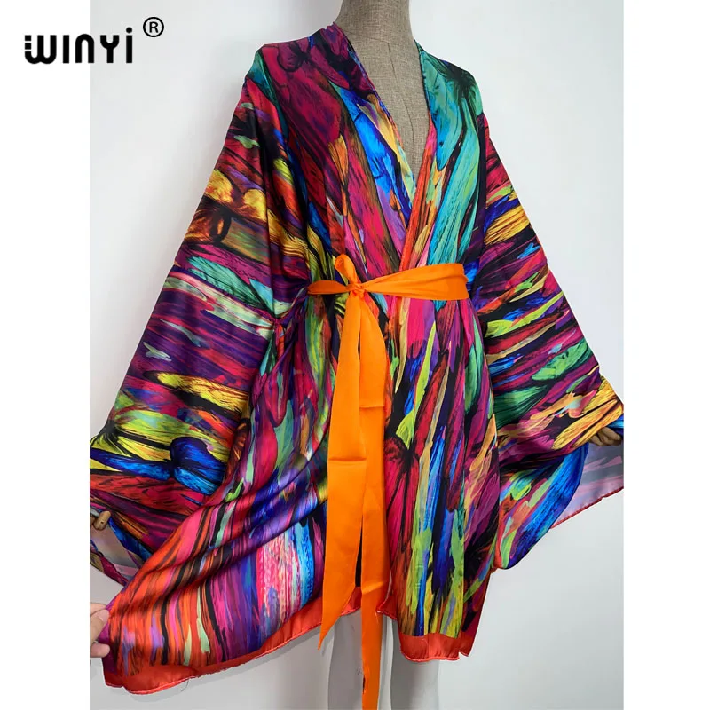 WINYI-Longue tunique de plage pour femmes, kimono avec ceinture frontale, imprimé en couleur, style bohème, kaftan