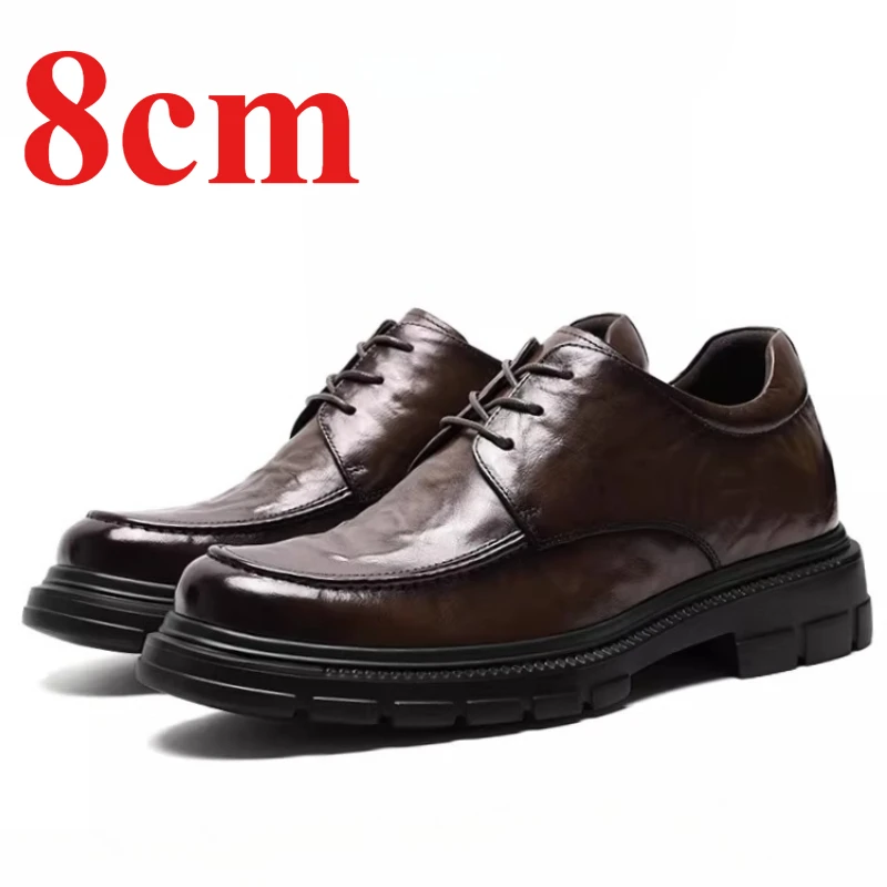 Men's 8cm Elevator Breathable Hand-sewn Height Increasing Shoes Groom Wedding Dress Shoes Genuine Leather Brown Derby Shoes for