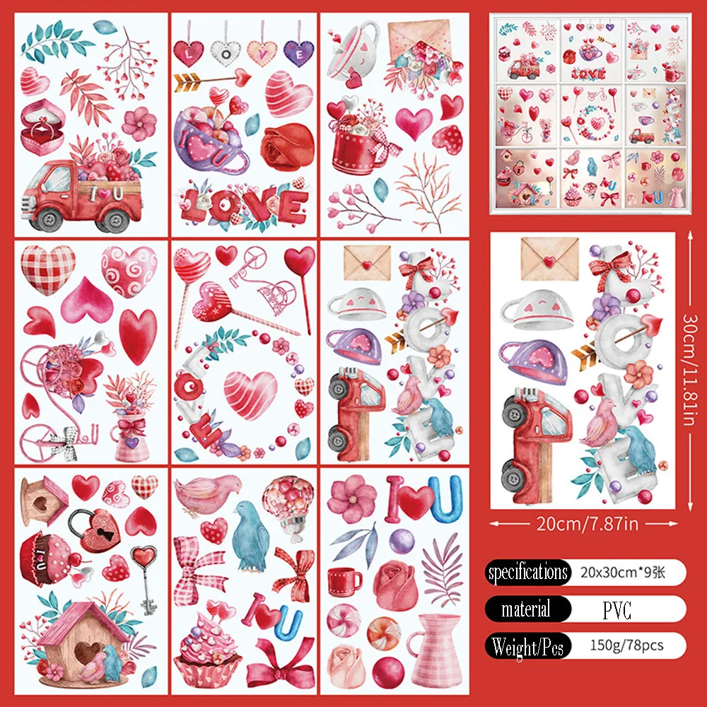 

Happy Valentine's Day Stickers for Decorations, 9 Sheets Bulk Valentines Theme Decals, Heart Shape PVC Labels for Valentines