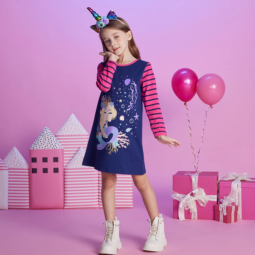 DXTON Children Dresses Mermaid Princess Kids Girls Dress A-line Casual Kids School Clothes Striped Baby Toddler Cotton Vestidos