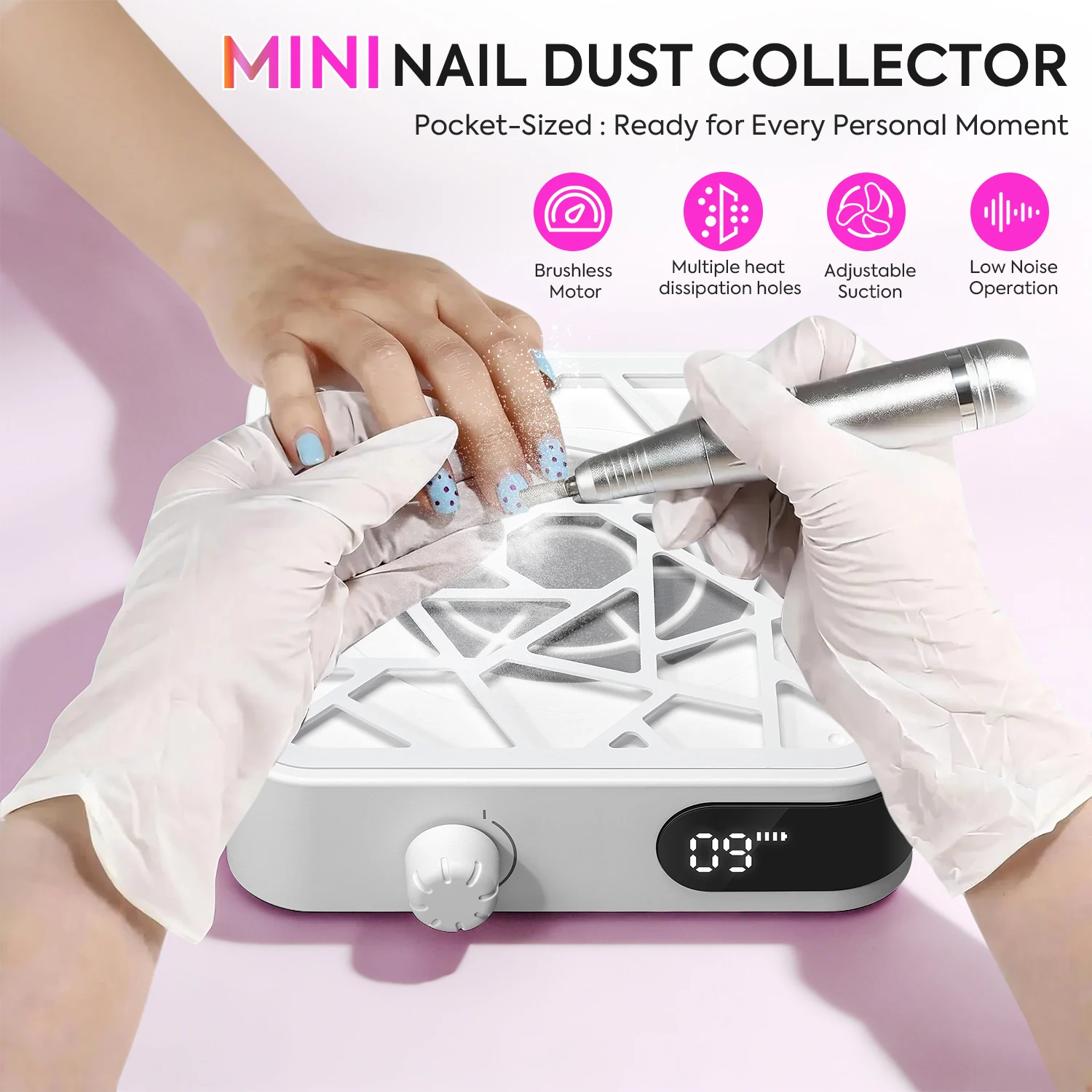 Mini Nail Dust Collector, 6000RPM Rechargeable Vacuum with 10 Speeds, Portable Low Noise Nail Extractor for Manicure Salon Use