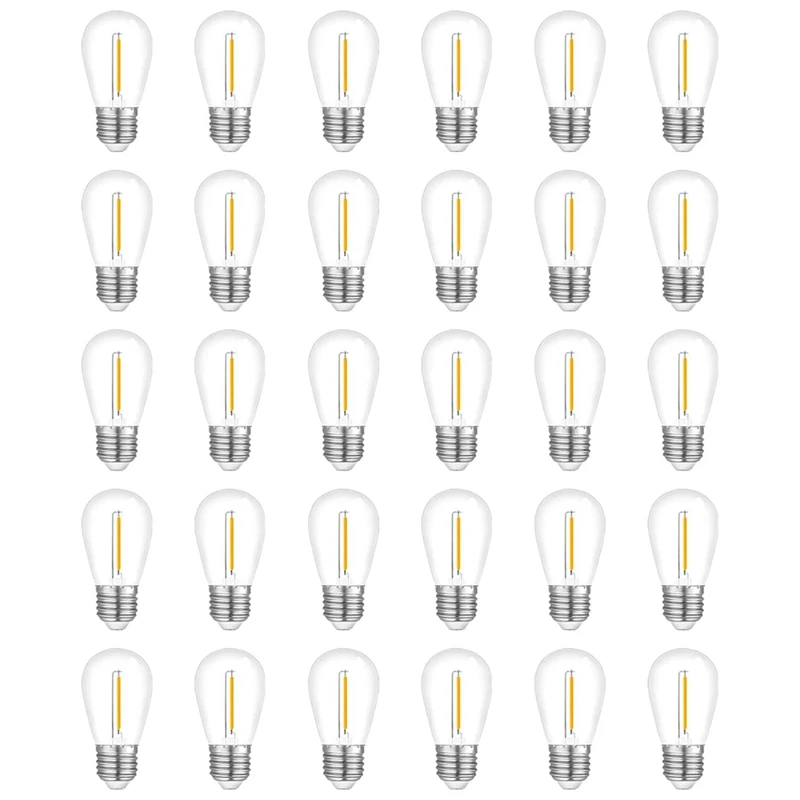 M11K-30-Pack Outdoor String Light Bulbs, Waterproof S14 Replacement Bulb, E26 Base Warm White