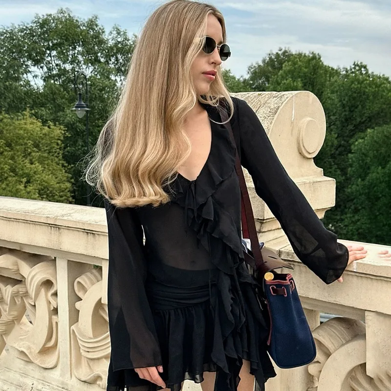 Tuularose Ruffle Short Skirt Set Women Sexy See Through Blouse Top Slim Short Skirt Set Party Holiday Women Short Skirt Set 2025