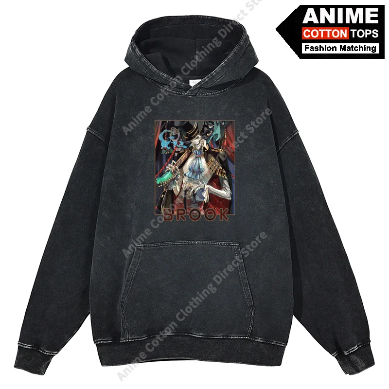 Anime Pirate King Peripheral Clothing BROOK Print Hoodies Cotton Washed Vintage Unisex Oversized Loose Sweatshirt Tracksuit Tops