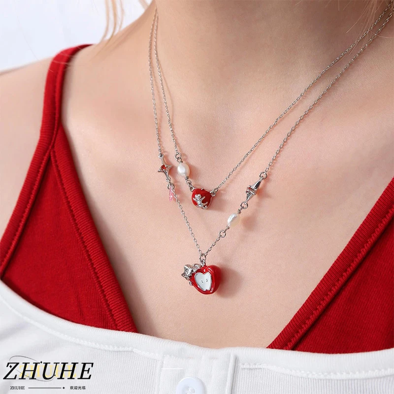 

The Double-layer Sliced Apple Cat And Dog Necklace With A Sweet Style Is A Jewelry Accessory For Women's Carnival