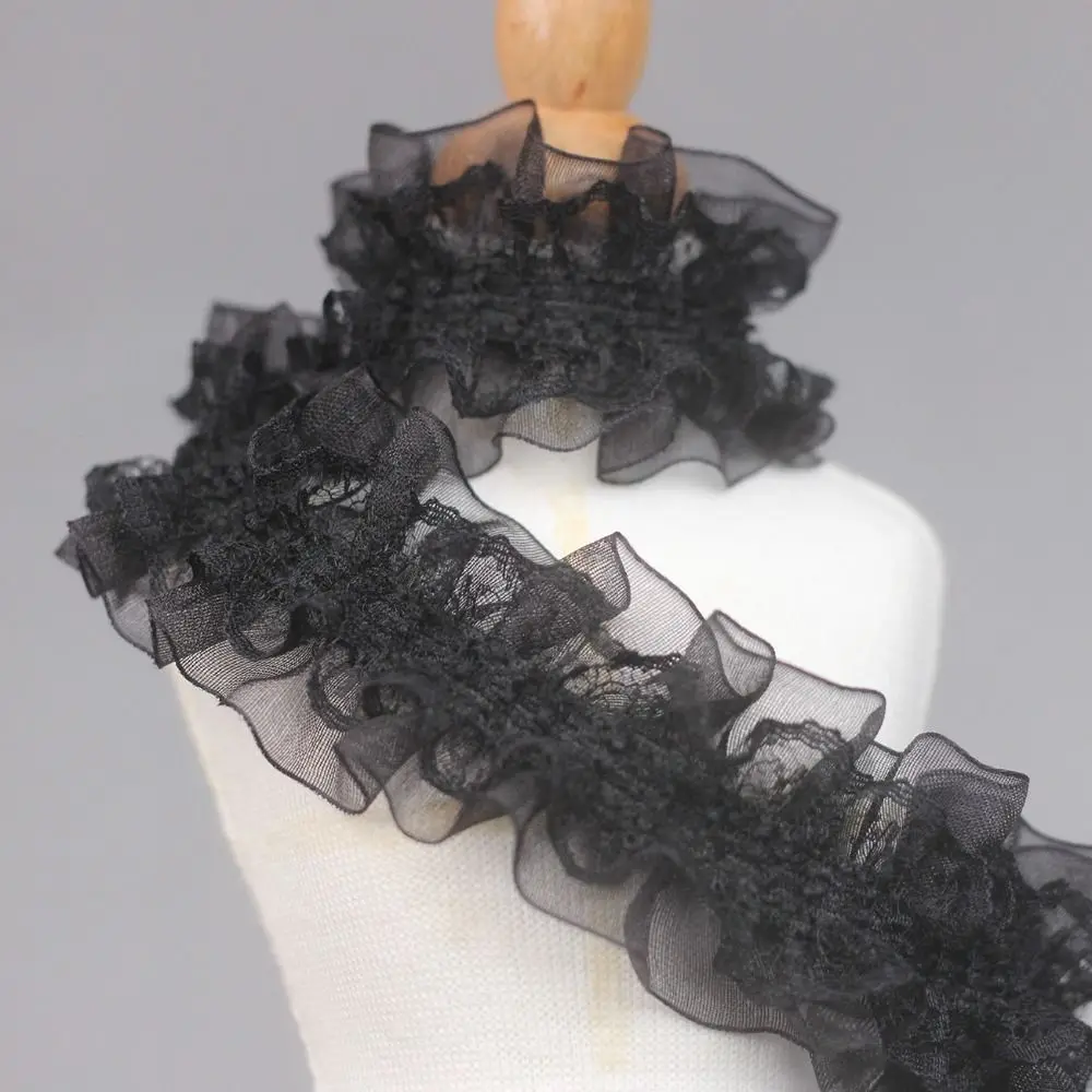 4cm Wide Pleated Lace Trim Double Layers White Black Embroidery Lace Fabric 1 Yards Pleated Band Sewing Lace Trim For Wedding