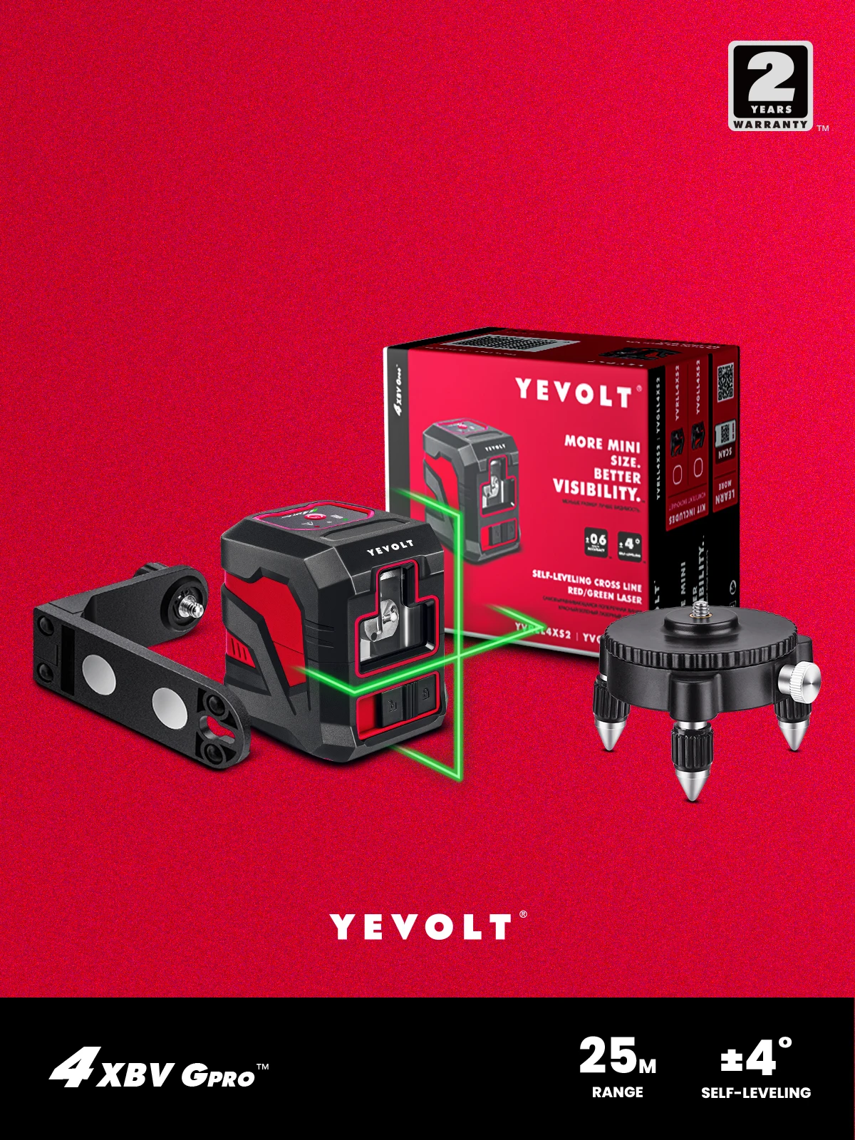 YEVOLT YVGLL4XS2-Lb Cross Line Green Laser Level Kit 2-Line Rotating Base Magnetic Holder Professional Self-leveling Nivel Tools