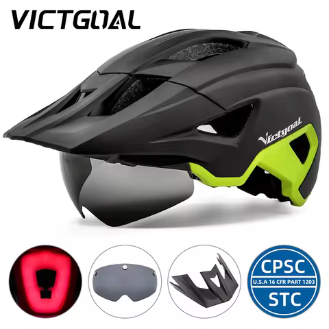 VICTGOAL 충전식 LED 자전거 헬멧, 선글라스 실드, 도로 MTB 사이클링 헬멧, 태양 고글 바이저 포함