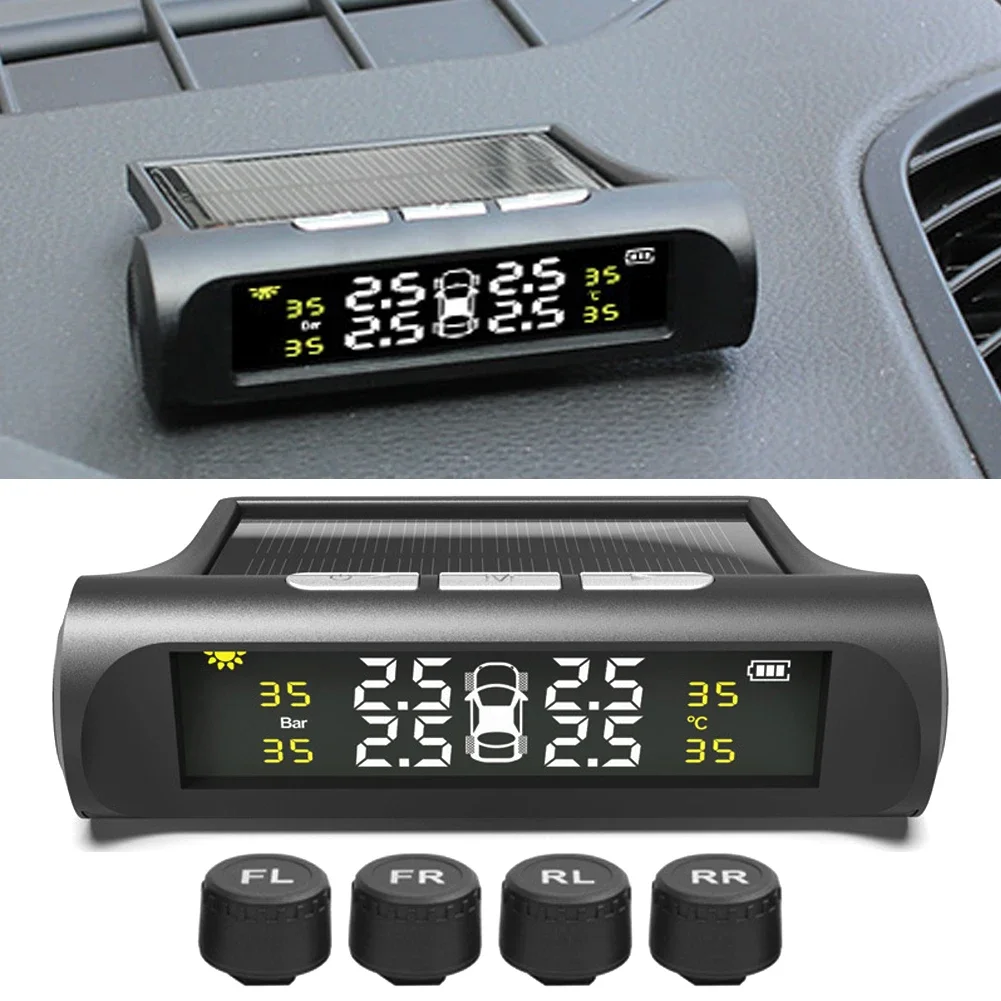 Display lcd digital universal carro inteligente tpms sistema de monitoramento pressão dos pneus 4 sensores alarme segurança automática carregamento solar