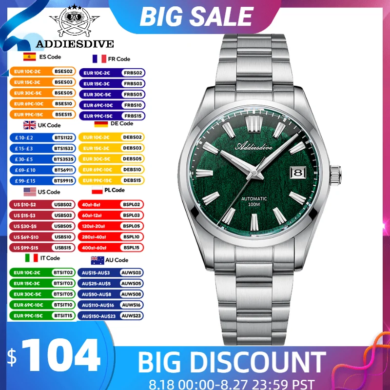 

ADDIESDIVE New Watch 39mm Fashion Sport NH35 Automatic Mechanical Men Watches Sapphire Waterproof 100m Diving Luminous AD2075