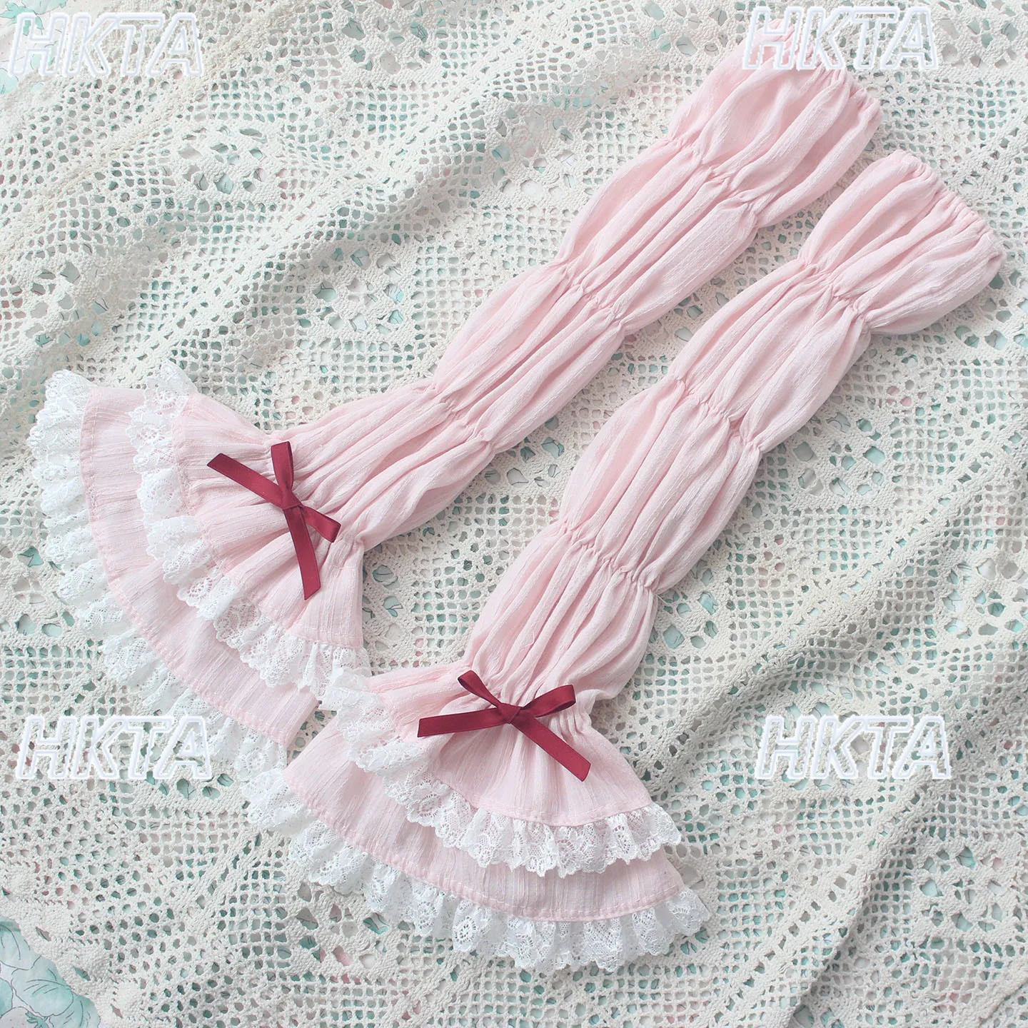 Handmade Sweet and Cute Lotus Knot Lace Splicing Bow Versatile Pink Hand Sleeves Women Lolita Long Sleeves Arm Cover Accessories
