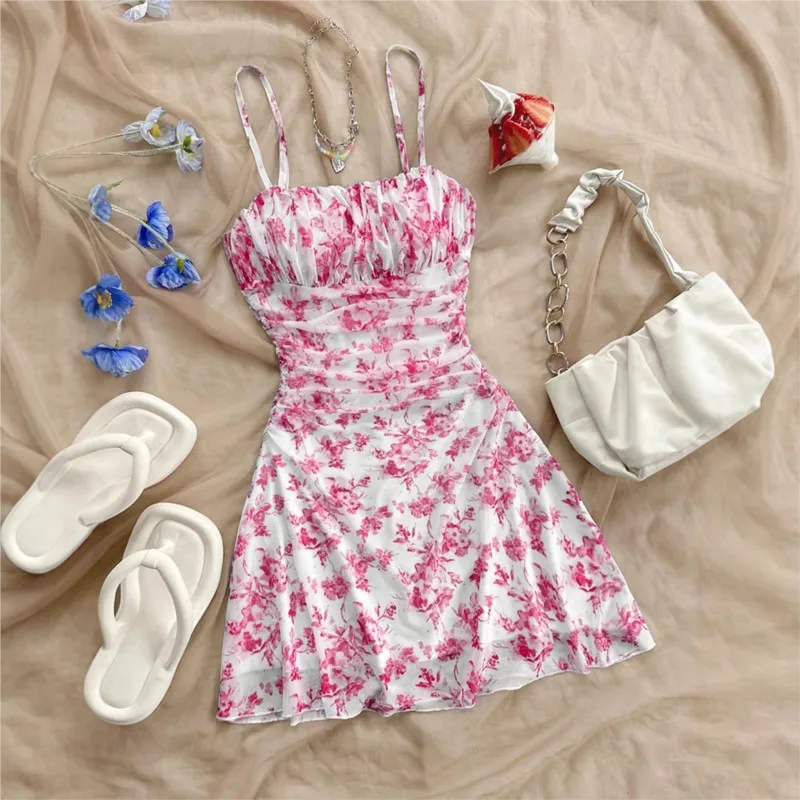 

Summer Womens Fashionable Printed Sexy Pleated Dress 2026 Elegant Women's Vacation Style Backless Suspender Beach Mini Vestidos