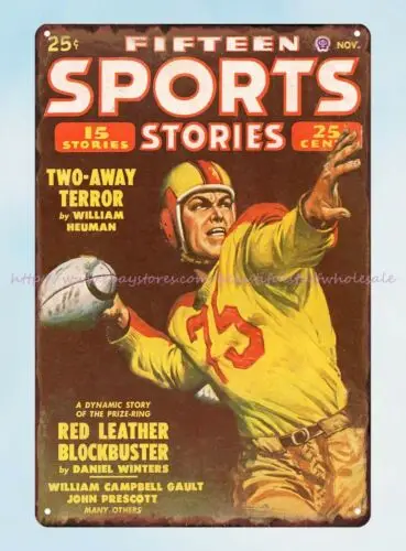 Fifteen Sports Stories magazine cover American football 1950 metal tin sign