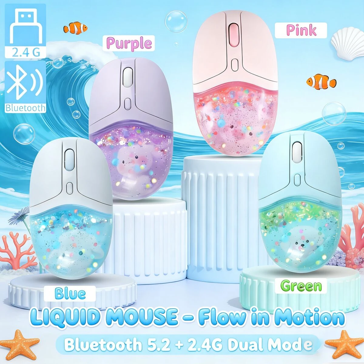 

2.4G+Bluetooth Dual-Mode Liquid Mouse Cute Animal RGB Dynamic Lighting Rechargeable Ergonomic Mice For PC Laptop Phone Tablet