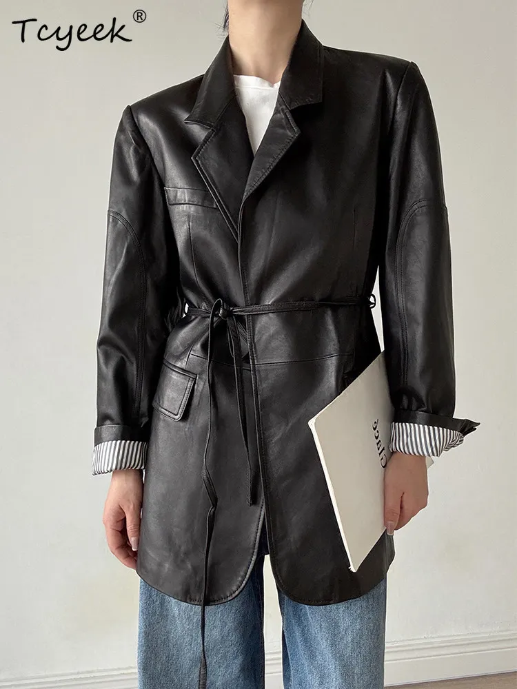 Tcyeek veste en cuir véritable femmes automne vêtements réel manteaux en peau de mouton pour femme mi-longue Trench Coat Semi tannage végétal