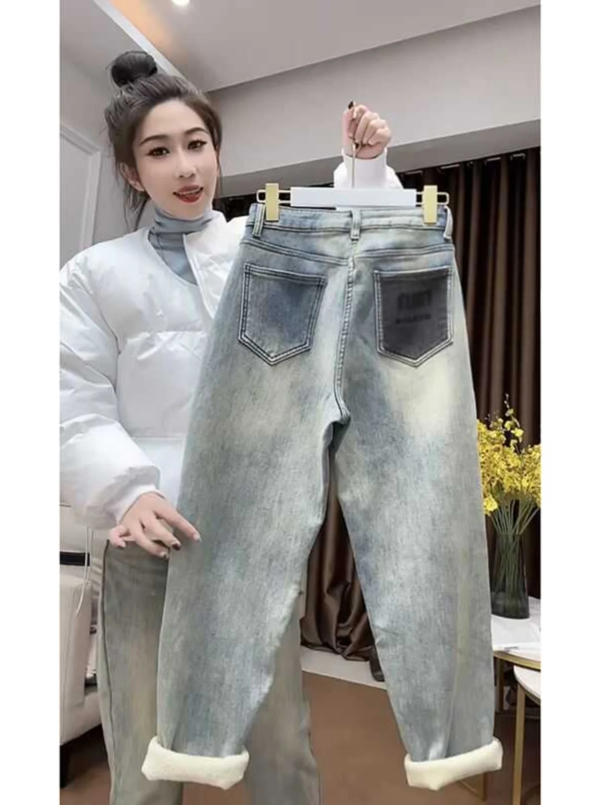 

Джинсы женские с высокой талией, утепленные, свободного кроя, стройнящие, больших размеров, универсальные, в стиле «папины брюки», синие, весна-осень