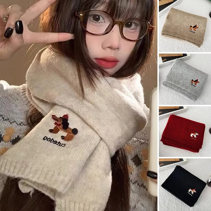 Women Cute Cartoon Embroidered Winter Scarf Soft Solid Knitted Shawl Y2k Korean Casual Neck Warmer Thick Female Wraps