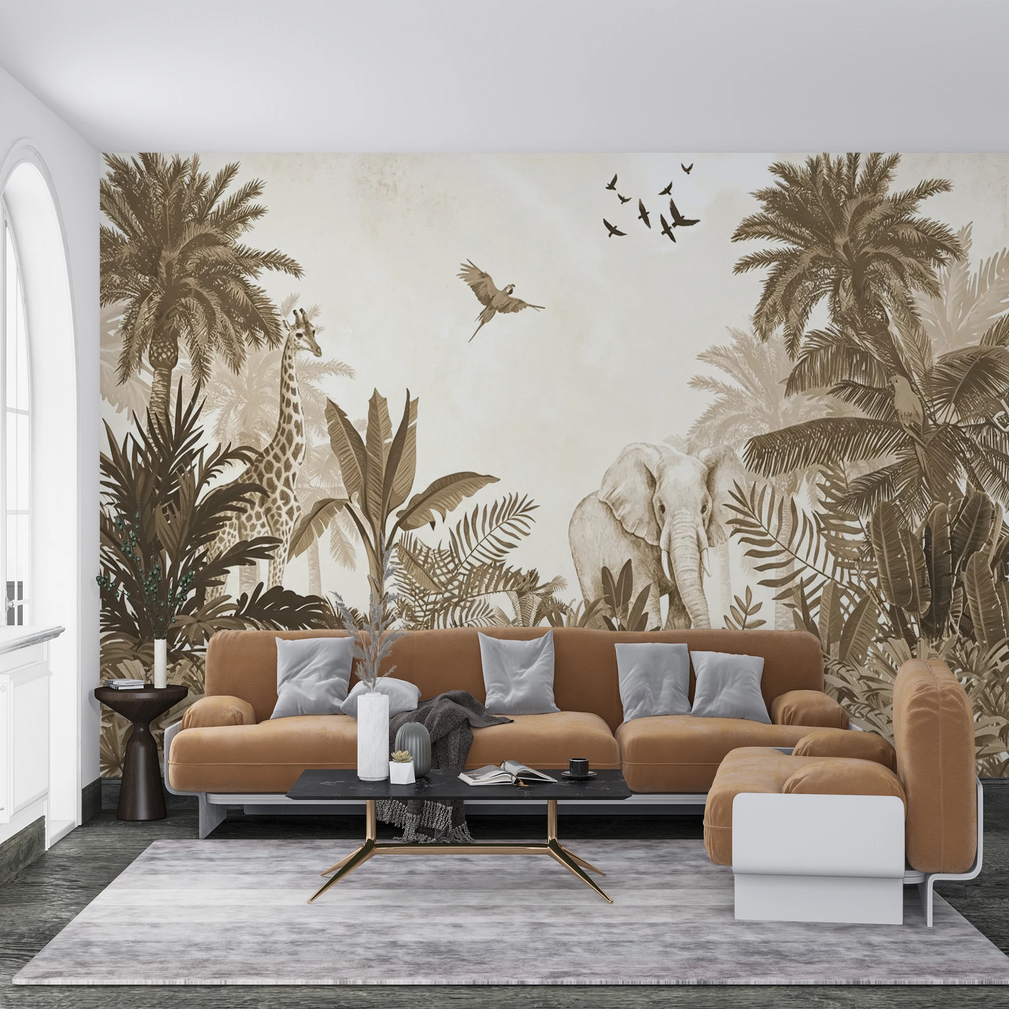 Custom Mural Wallpaper Sepia Tropical Jungle Elephant Giraffe Palm Leaf Bird Print Wall Mural Vintage Kids Nursery Decor Papel