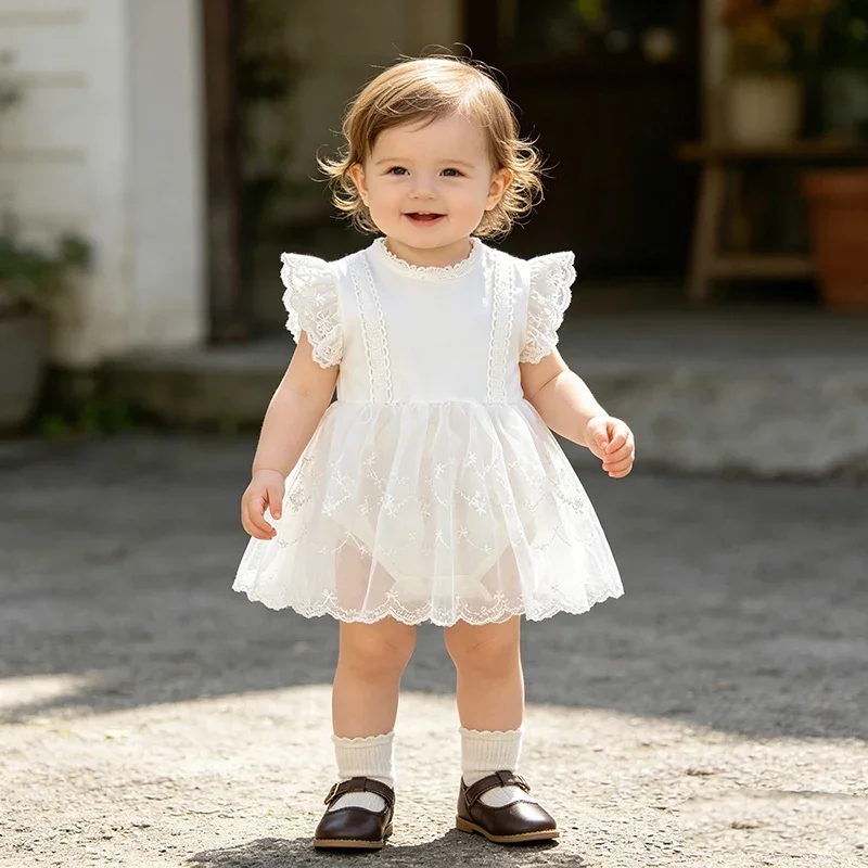 2026 New Summer Toddler Baby Girls Jumpsuit Flying sleeve cotton lace splicing Newborn Baby Girl Romper 0-24M Baby Girl Clothing