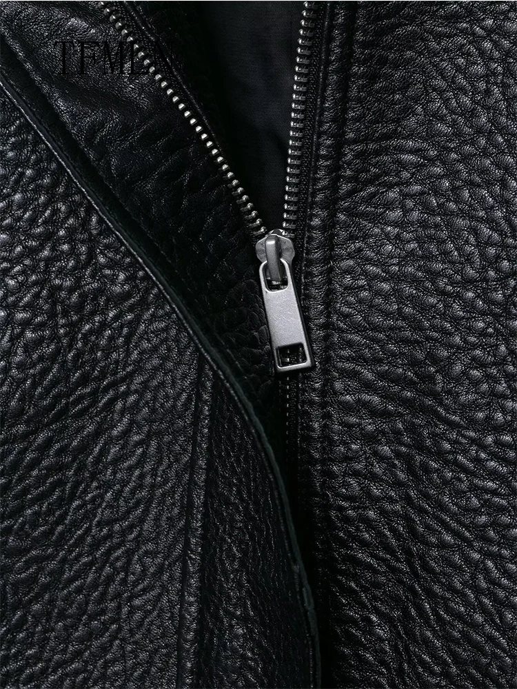 Tfmln jaqueta feminina de couro falso retro solta manga longa bolsos com zíper chique casacos femininos 2025 outono inverno senhora outerwear