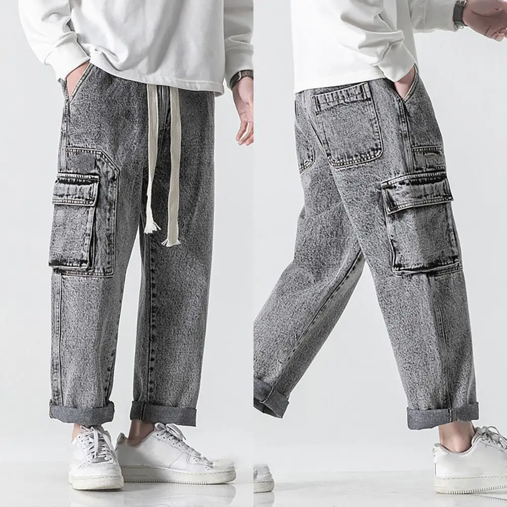 

Elastic Waist Men Trousers Men's Summer Casual Denim Pants with Elastic Drawstring Waist Multi Pockets Design for Streetwear