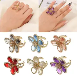 Fashion Big Flower Crystal Ring Personality Exaggerated Flower Open Adjustable Ring for Women Girl Wedding Party Luxury Jewelry