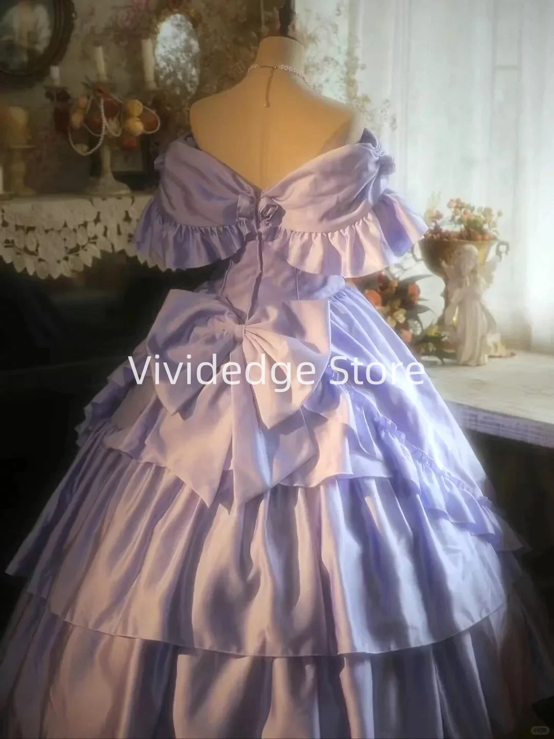 Vestidos de novia Vintage lavanda personalizados satén victoriano con lazo volantes vestidos de novia vestidos de novia de talla grande