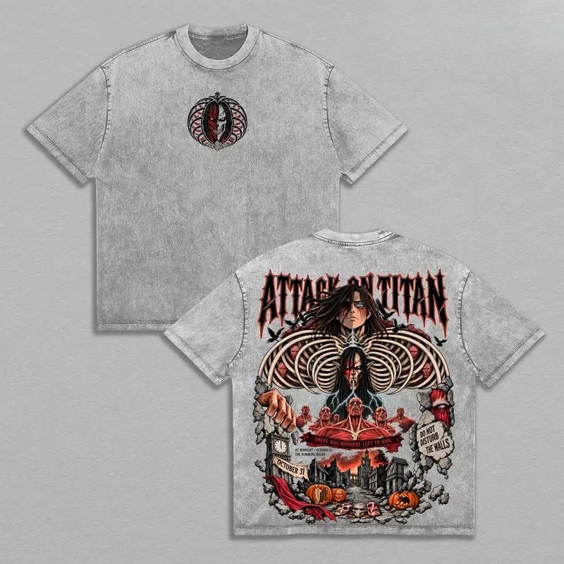 Vintage Washed Attack on Titan Eren Yeager Anime Graphic T-shirt Rumbling Print Oversized Unisex Streetwear Cotton Short Sleeve