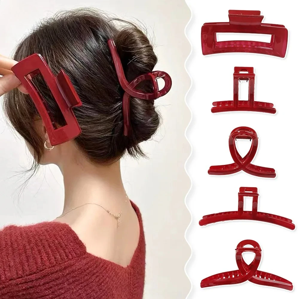 

Burgundy Color Wine Red Acrylic Hair Claws for Women Lady Headwear Cross Geometric Shark Clips Every Day Hair Accessories