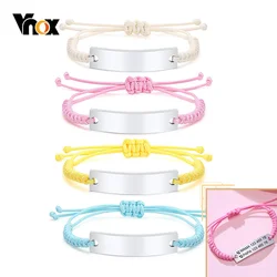 Vnox Personalized Engrave ID Bracelets for Girls Boys,Length Adjustable Braided Rope Stainless Steel Wristband, Custom Gift