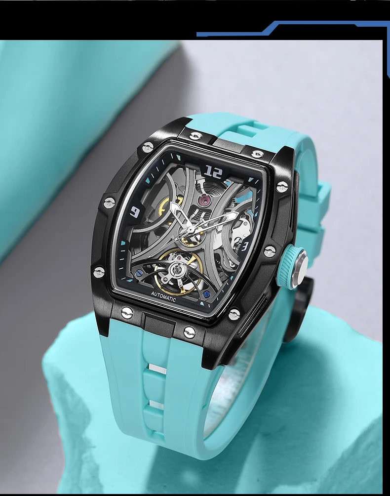 MEGIR Sport-Stil, automatische mechanische Uhr für Herren, voll hohl, transparentes Zifferblatt-Design, Edelstahlgehäuse, Silikonarmband – Detail 28