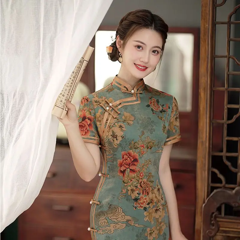 Yourqipao Plus Size Cheongsam Long Retro Republic of China Style 2023 New Summer Daily Elegant Old Shanghai migliorato vestito da donna