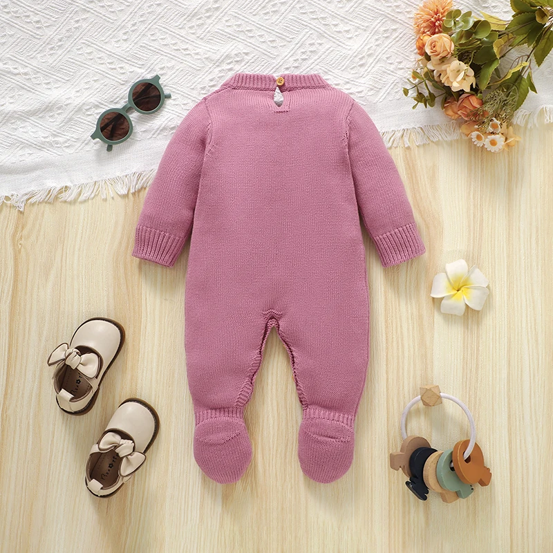 Newborn Baby Girl Knitted Footed Romper, Solid Color Long Sleeve Jumpsuit with Bow Decor, Infant Round Neck Knit Onesie