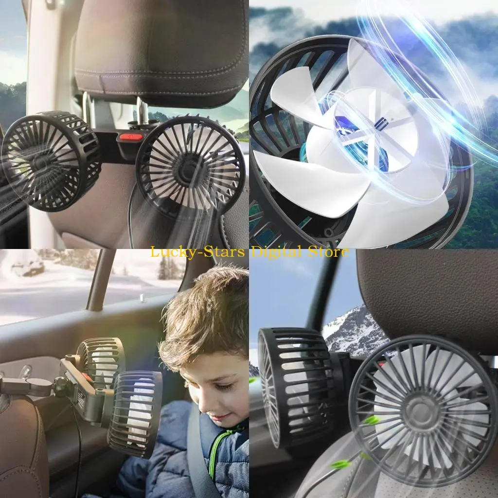 

T3EE USB Fan Car Electric Clip Cooling Fans USB Powered 5V 2A 360 Degree Rotatable Dual-Head 3 Speed Rearview Rear Fan