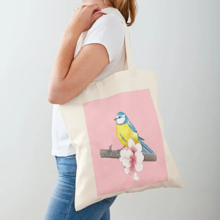 

Watercolor Bird Blue Tit with cherry blossoms Painting (rose) Tote Bag Woman shopper bag Canvas bag for women