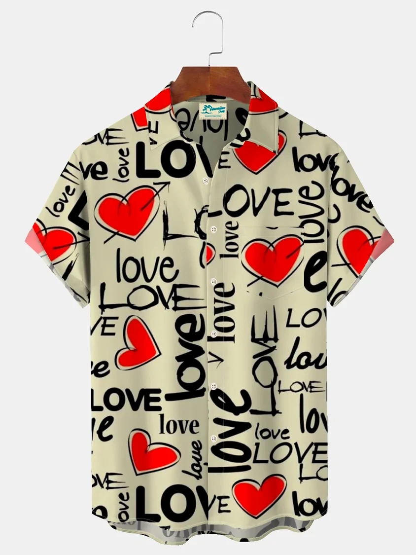 2024 Valentine's Day Men's Shirt Short Sleeve3D Print Love Graphics Shirts Streetwear Tops Loose Hawaiian Shirts Casual T-Shirts