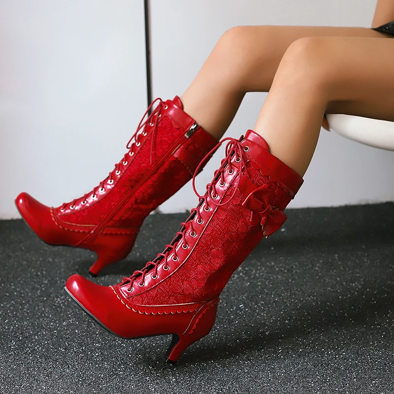 

Plus Size Ruffled Lace Patchwork PU Cat Heel Mid Length Boots With Cross Tie Bow And Side Zipper New Women's Mid-Calf Boots