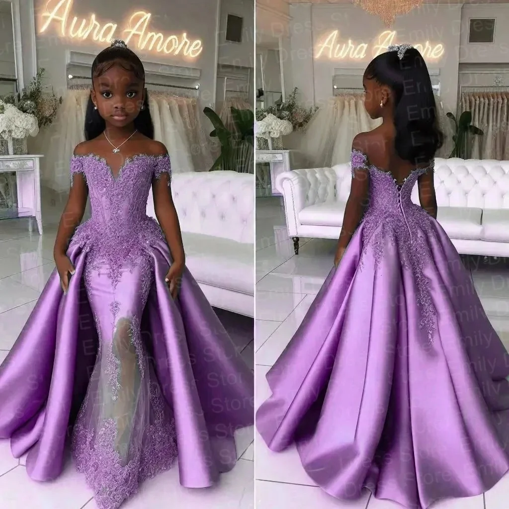 مخصص زهرة فتاة فستان الزفاف فستان عيد الميلاد الأول فستان حفلة قبالة الكتف الدانتيل حورية البحر الأميرة الاطفال فستان رسمي