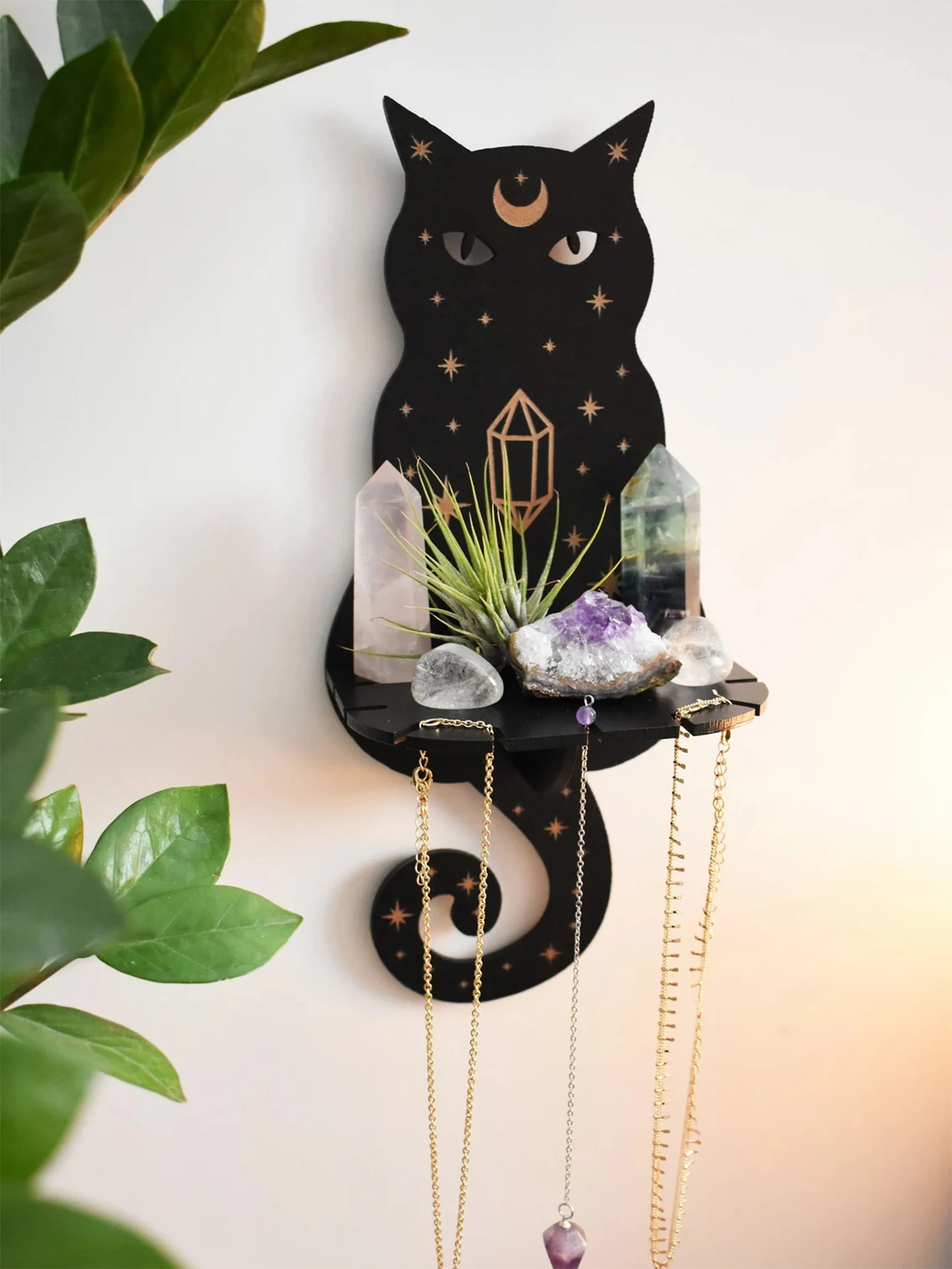 1/2/3-Tier Schwarze Katze Wandregal Holz Mondphase Schwimmende Wandregale Kristallstein Ausstellungsstand Leiste Witchy Raumdekoration