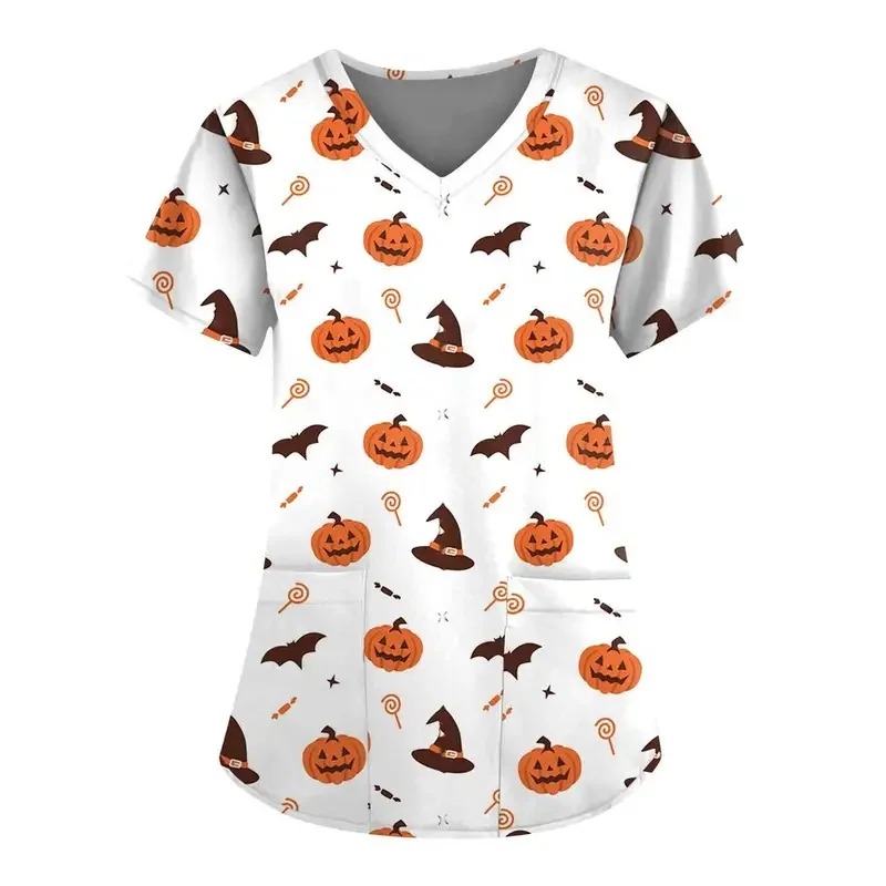 Halloween Cartoon Print Nurse Women's Short Sleeve ShirtVCollarTMedical workwear shirt with pockets dental nurse uniform