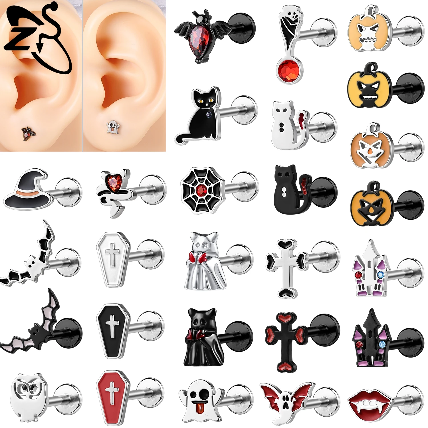 ZS 1 STÜCK 16G Hallowmas Edelstahl Lippen Ohrstecker Zirkon Ohrstecker Fledermaus Geist Katze Labret Helix Conch Piercings Halloween Geschenke
