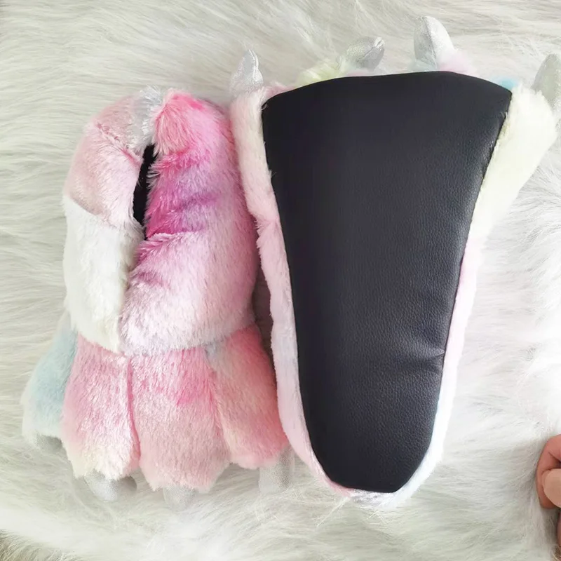 Unisex size 35-43 slip on bear paw slippers women men chunky animal claw fur fluffy shoes indoor deisgner male's footwear