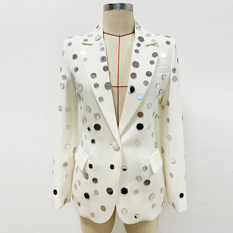 JAMERARY Top Quality Fashion Runway Mirrors Beads One Button Suit Coat Women White Jacket