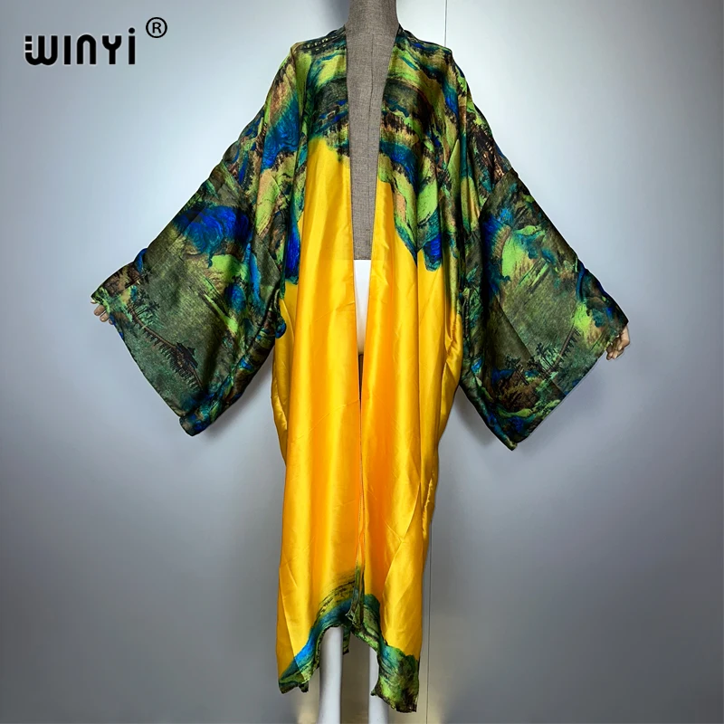 

WINYI print boho kimono maxi beach wear cover up holiday party dress abaya dubai luxury muslim woman fashion open front kaftan
